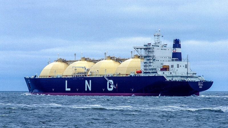 LNG Carrier Mraweh, sailing down the river Elbe near Cuxhaven, Germany.